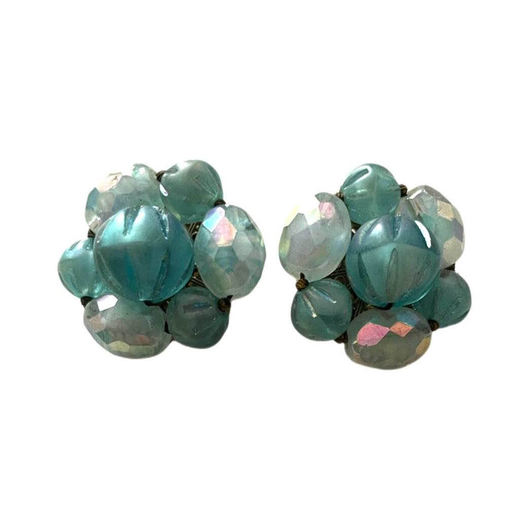 Vintage VTG Eugene Clip-On Earrings Blue AB Beads 50s Cluster Garden Party EUC